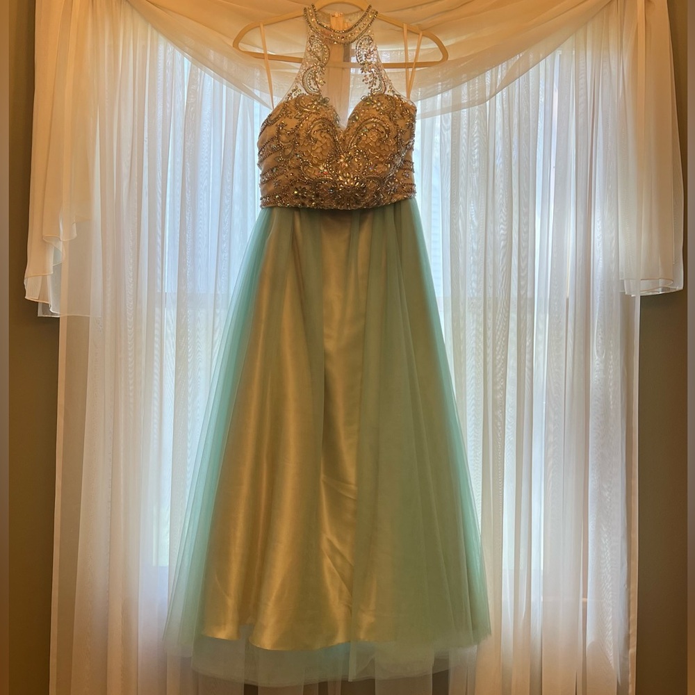 B. Smart Aqua and Gold Beaded Halter Prom Dress